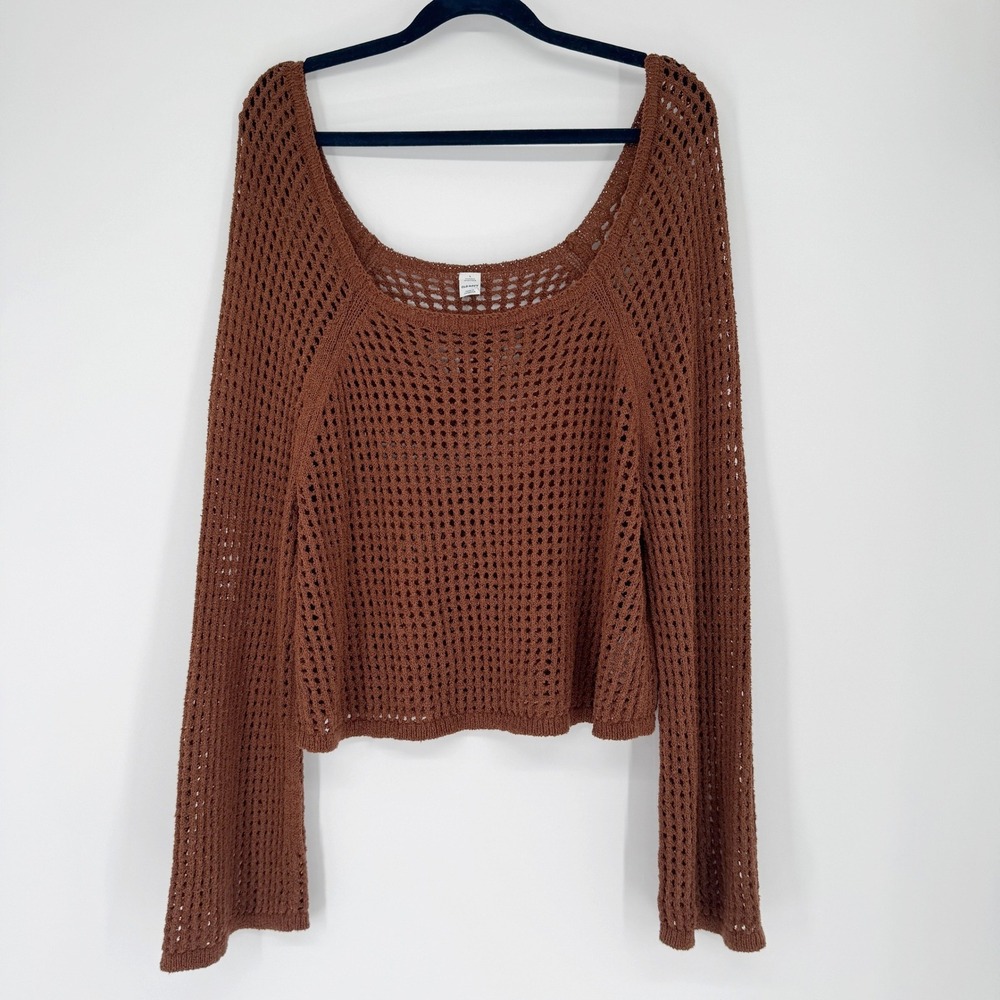 Old Navy Crochet Open Knit Sweater L Brown Cotton Bld Bell Sleeve Boho Fairycore